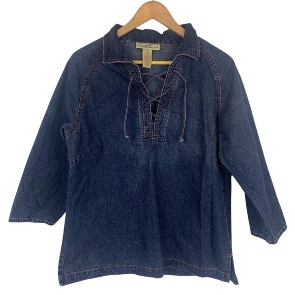 Telluride Clothing Co. Vintage Denim Blouse Shirt‎ Lace-up 3/4 Sleeves Size 10